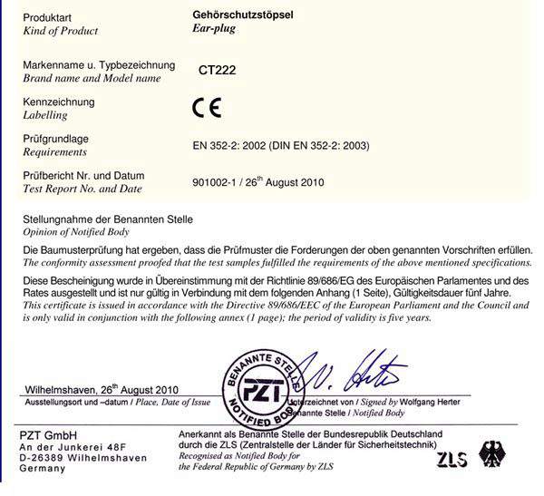 CE certificate of Earplugs - PU Foam Ear Plugs CT228